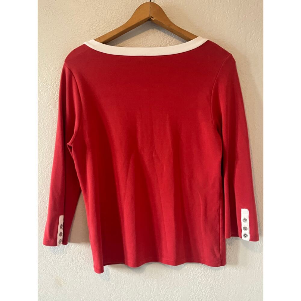 Women's Vintage Nautica Off-Red and White Metal Anchor Shirt Top Size Large - Picture 2 of 6